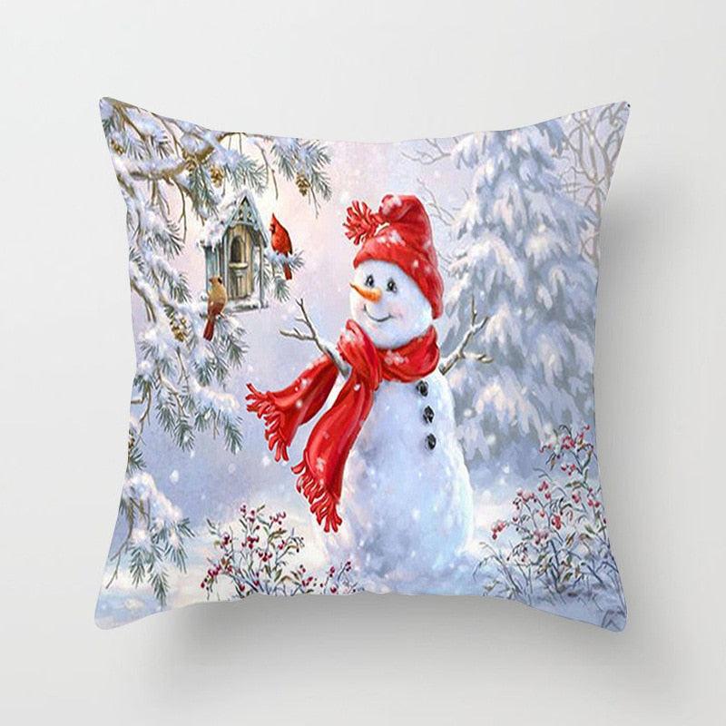 Snowman Christmas Cushion Cover Polyester Decorative Christmas Pillow Cover Merry Christmas Throw Cushion Covers Tree Reindeer Star Pillow Case For Party Throw Pillow New Year Xmas Decor Sofa Living Room Home Decoration Stevvex