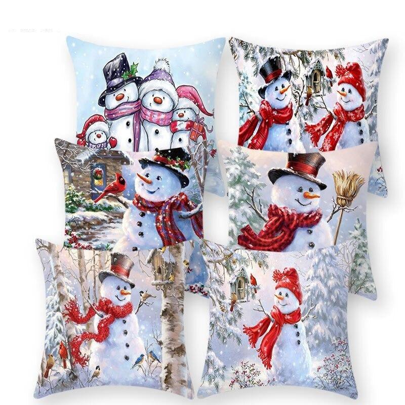 Snowman Christmas Cushion Cover Polyester Decorative Christmas Pillow Cover Merry Christmas Throw Cushion Covers Tree Reindeer Star Pillow Case For Party Throw Pillow New Year Xmas Decor Sofa Living Room Home Decoration Stevvex