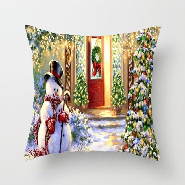 Snowman Christmas Cushion Cover Polyester Decorative Christmas Pillow Cover Merry Christmas Throw Cushion Covers Tree Reindeer Star Pillow Case For Party Throw Pillow New Year Xmas Decor Sofa Living Room Home Decoration Stevvex