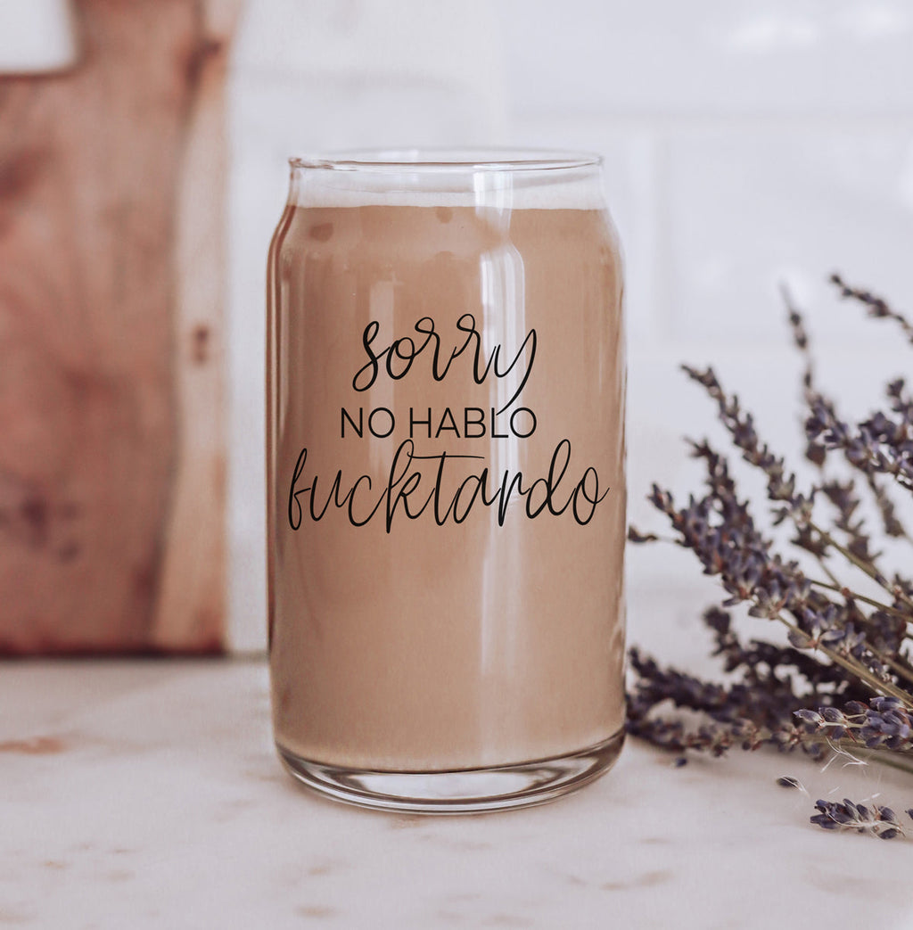 No Hablo 17oz Glass Tumbler With Bamboo Lid, 2 Stainless Straws And Cleaner BandsCo Straps