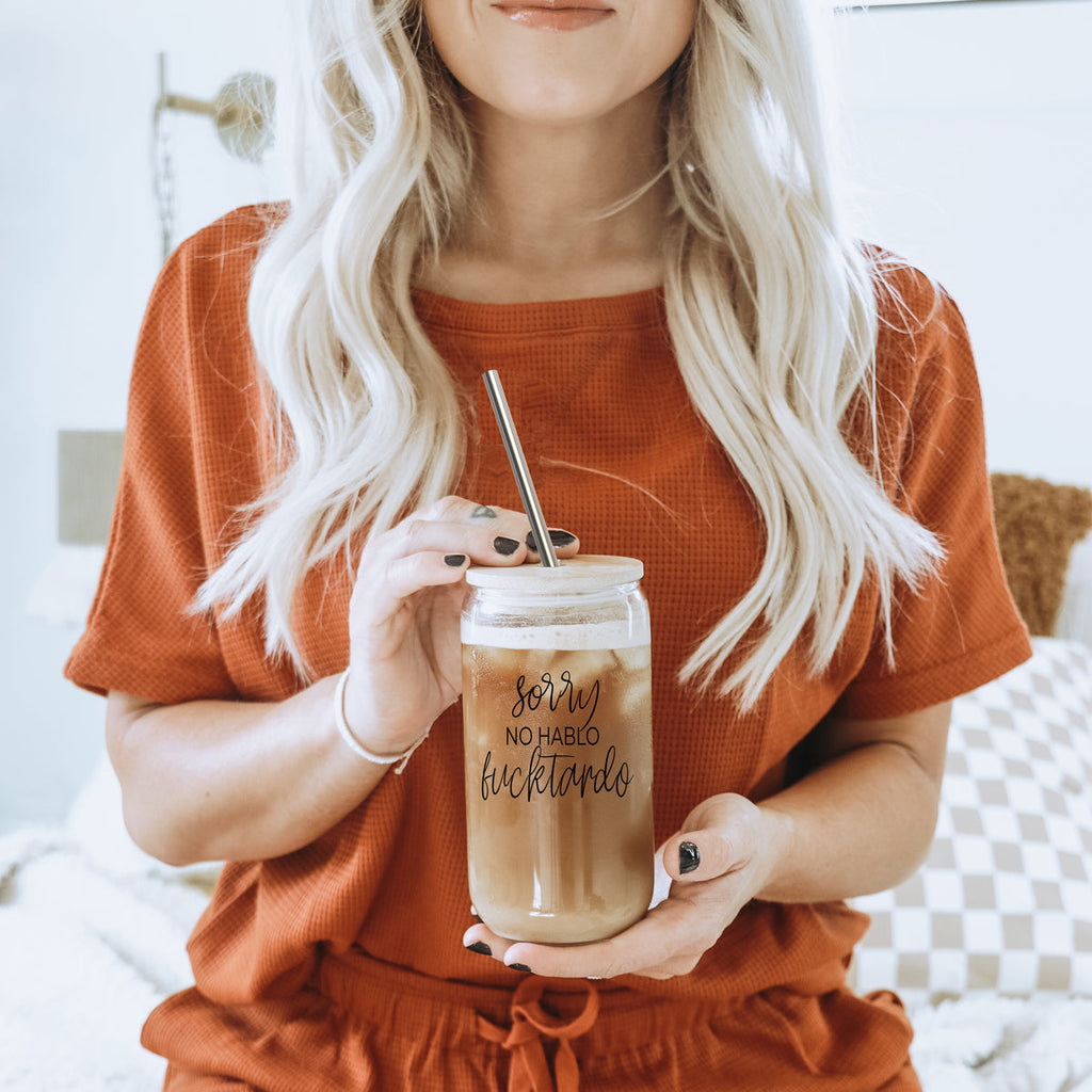 No Hablo 17oz Glass Tumbler With Bamboo Lid, 2 Stainless Straws And Cleaner BandsCo Straps