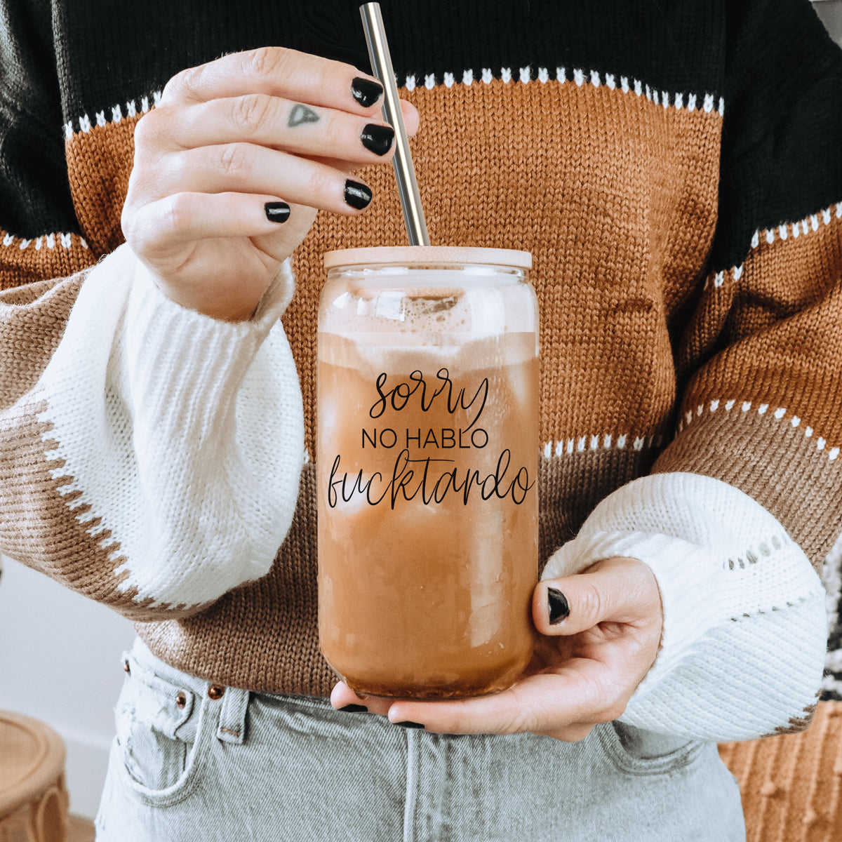 No Hablo 17oz Glass Tumbler With Bamboo Lid, 2 Stainless Straws And Cleaner BandsCo Straps