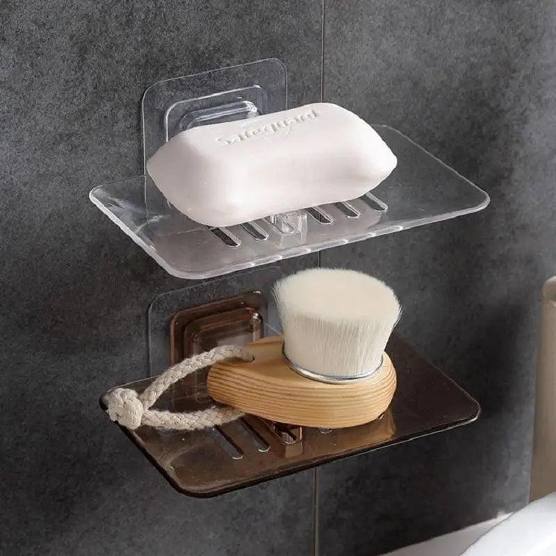 Soap Rack No Drilling Wall Mounted Double Layer Soap Holder Soap Sponge Dish Bathroom Accessories Soap Dishes Self Adhesive Shower Soap Saver Holder Stand Bathroom Bar Soap Case Adhesive Kitchen Sink Sponge Holder Drainer Wall Soap Dish Container Stevvex