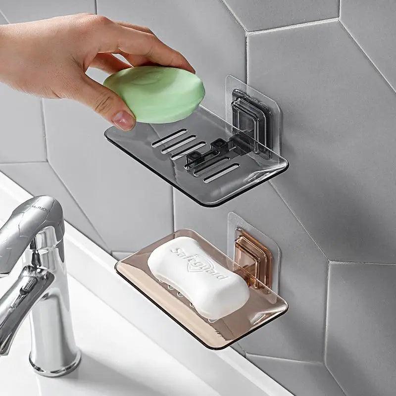 Soap Rack No Drilling Wall Mounted Double Layer Soap Holder Soap Sponge Dish Bathroom Accessories Soap Dishes Self Adhesive Shower Soap Saver Holder Stand Bathroom Bar Soap Case Adhesive Kitchen Sink Sponge Holder Drainer Wall Soap Dish Container Stevvex