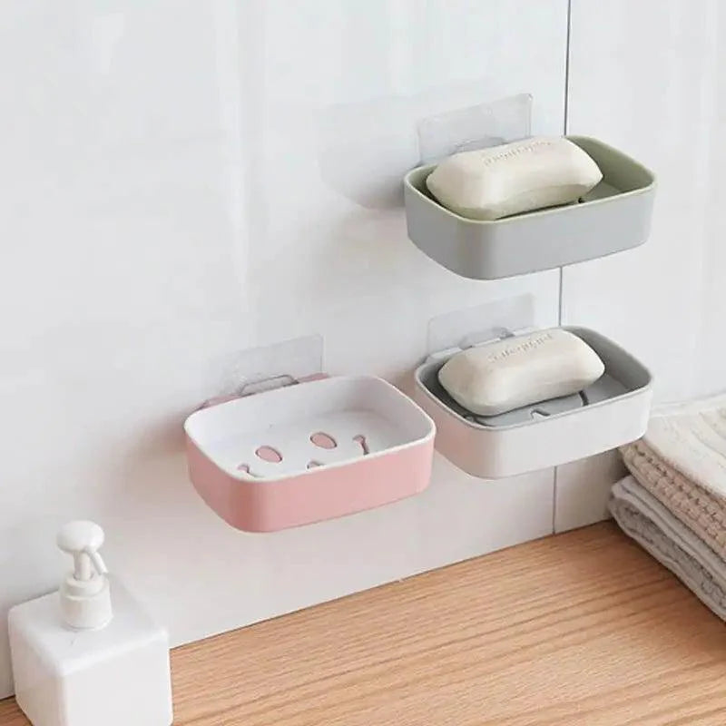 Soap Rack No Drilling Wall Mounted Double Layer Soap Holder Soap Sponge Dish Bathroom Accessories Soap Dishes Self Adhesive Soap Dish Bar Soap Holder Soap Dishes Tray Saver Case Box for Shower Bathroom Kitchen Dish Drainer Drying Rack Stevvex