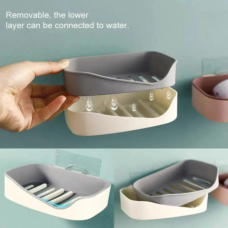 Soap Rack No Drilling Wall Mounted Double Layer Soap Holder Soap Sponge Dish Bathroom Accessories Soap Dishes Self Adhesive Soap Dish Bar Soap Holder Soap Dishes Tray Saver Case Box for Shower Bathroom Kitchen Dish Drainer Drying Rack Stevvex