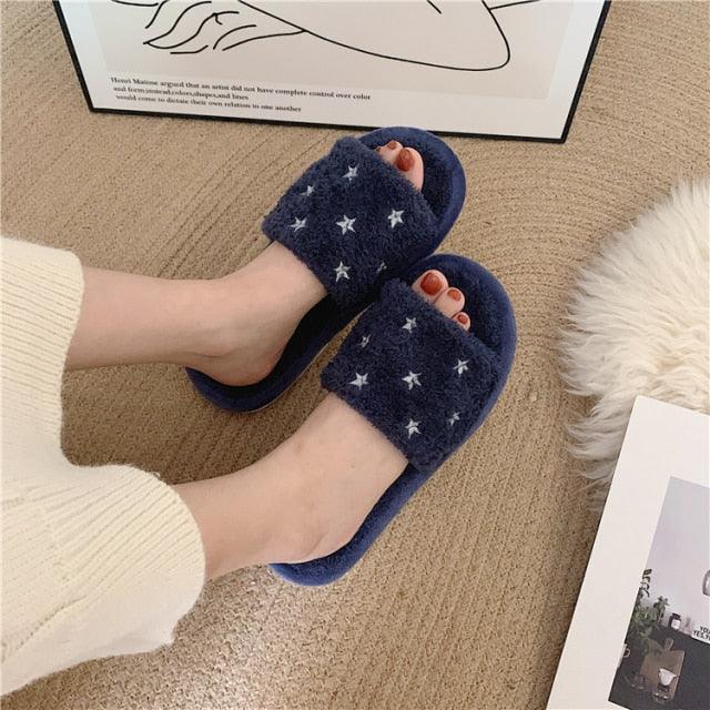 Soft Fur Home Slippers Warm Fluffy Plush Slippers Winter Cotton Slippers Fashionable Plush Shoes Fur Slippers Flip Flop Open Toe Cozy House Slippers Stevvex