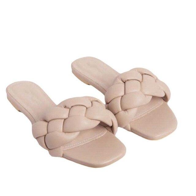 Soft Leather Woven Slippers Women Summer Flat Heels Beach Casual Slides Shoes Woman Outdoor Sandals Open Toe Slippers Summer Sandals For Women Flat Shoes Office Elegant Design Sandals