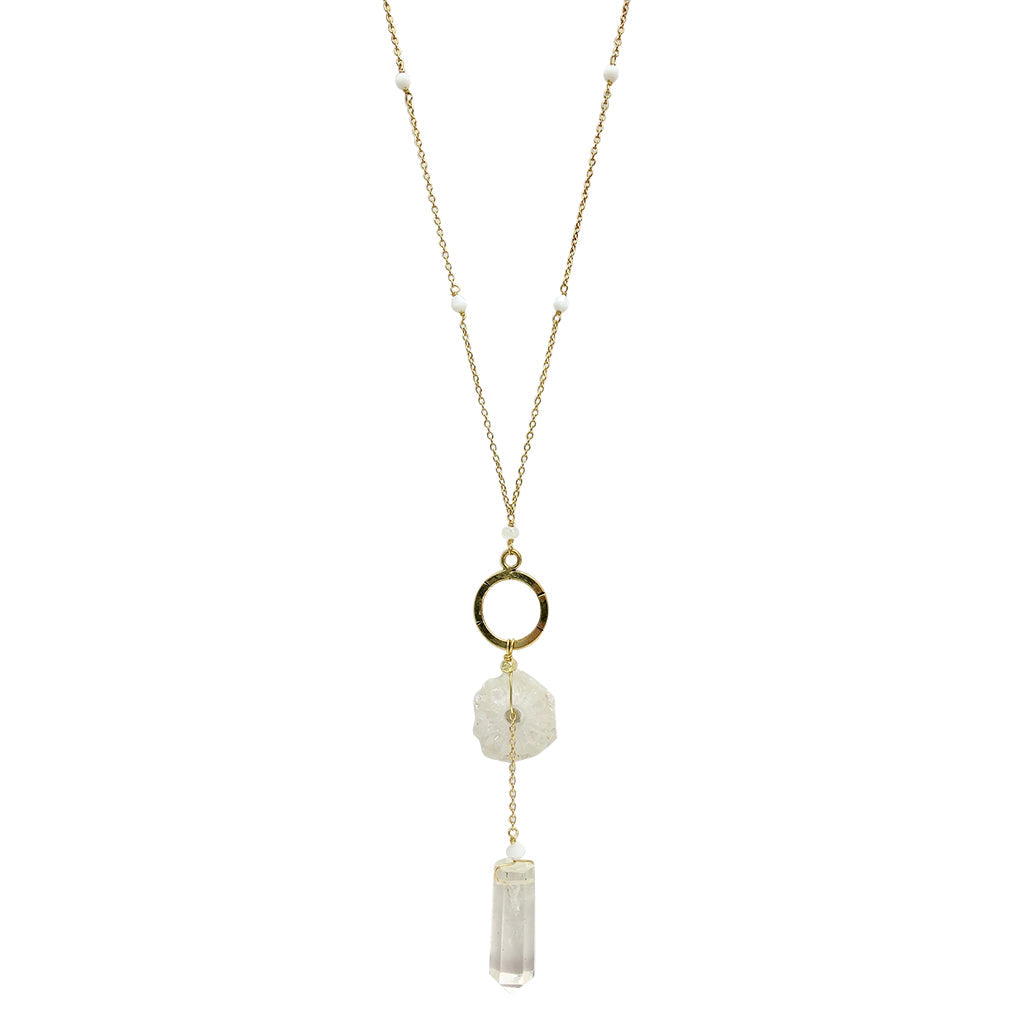 Solar Quartz Y Necklace With Polished Crystal Drop, Protective Energy Pendant BandsCo Straps