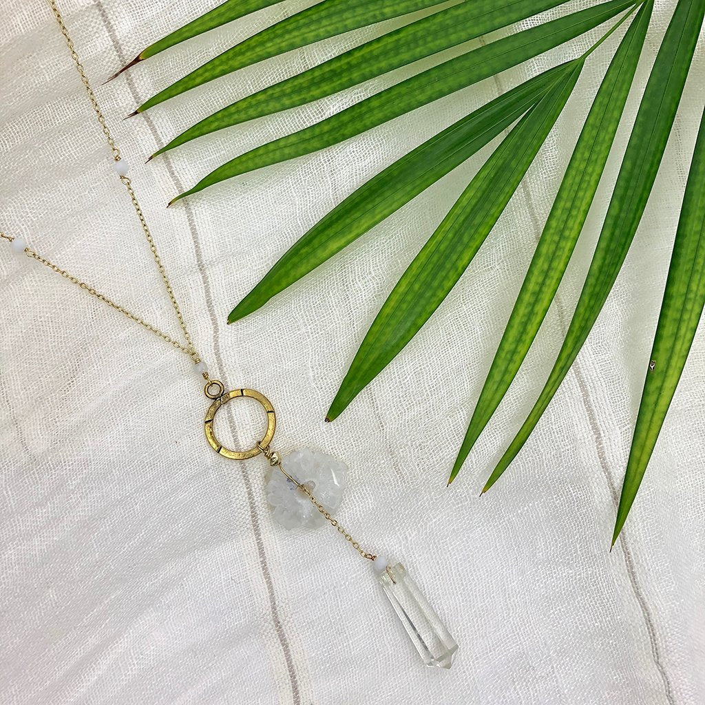 Solar Quartz Y Necklace With Polished Crystal Drop, Protective Energy Pendant BandsCo Straps