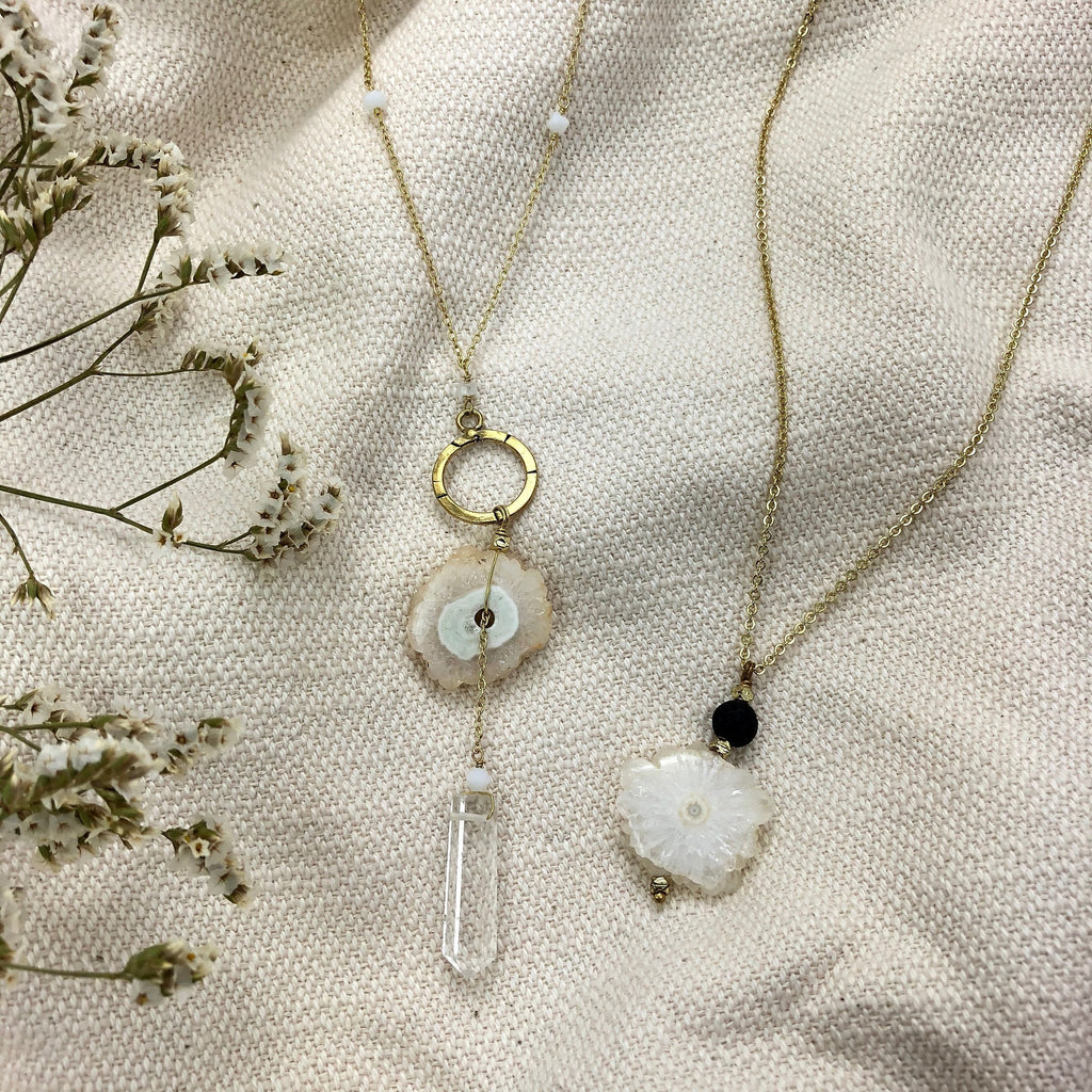 Solar Quartz Y Necklace With Polished Crystal Drop, Protective Energy Pendant BandsCo Straps