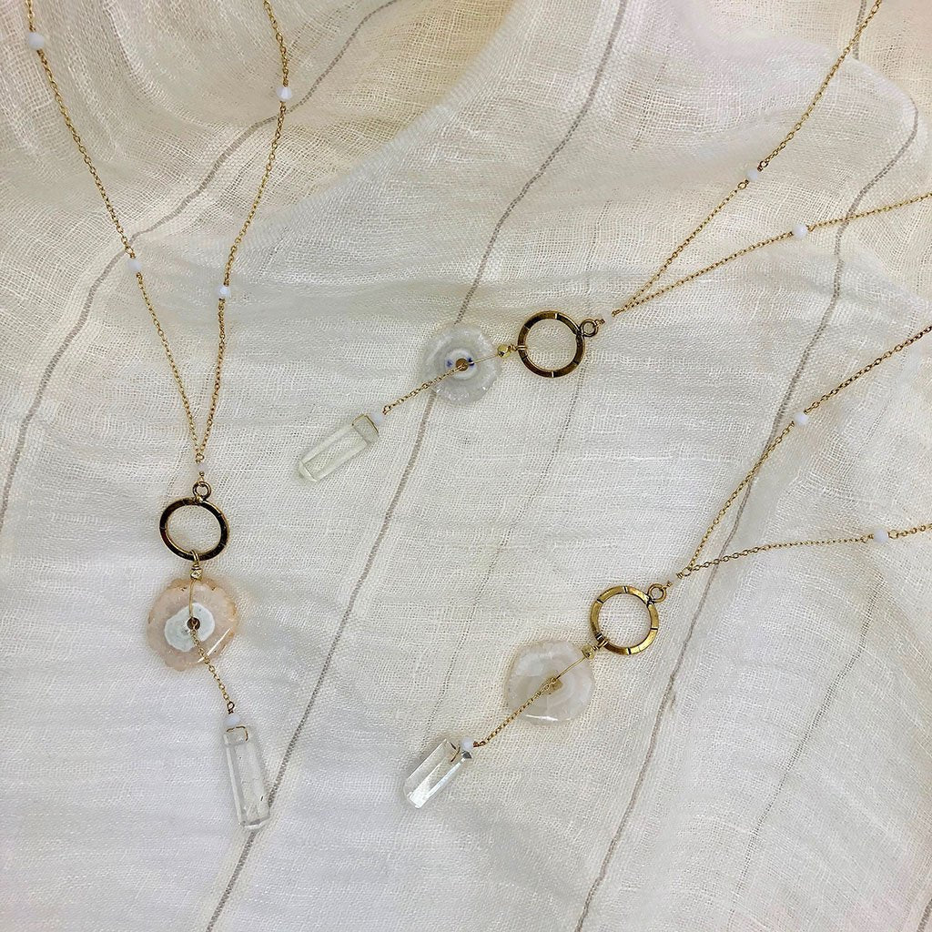 Solar Quartz Y Necklace With Polished Crystal Drop, Protective Energy Pendant BandsCo Straps