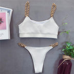 Solid Bikini High Waist Swimwear Female Chain Swimsuit Women 2 Pieces Set Sports Bathing Suit Women's Bikini Set Two Piece Smocked Swimsuits Ruffle Off Shoulder Bathing Suit With High Waist Bottoms Stevvex