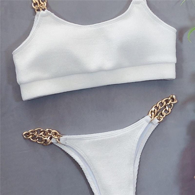 Solid Bikini High Waist Swimwear Female Chain Swimsuit Women 2 Pieces Set Sports Bathing Suit Women's Bikini Set Two Piece Smocked Swimsuits Ruffle Off Shoulder Bathing Suit With High Waist Bottoms Stevvex