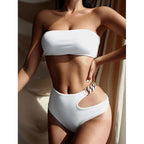 Solid Bikini High Waist Swimwear Female Chain Swimsuit Women 2 Pieces Set Sports Bathing Suit Women's Bikini Set Two Piece Smocked Swimsuits Ruffle Off Shoulder Bathing Suit With High Waist Bottoms Stevvex