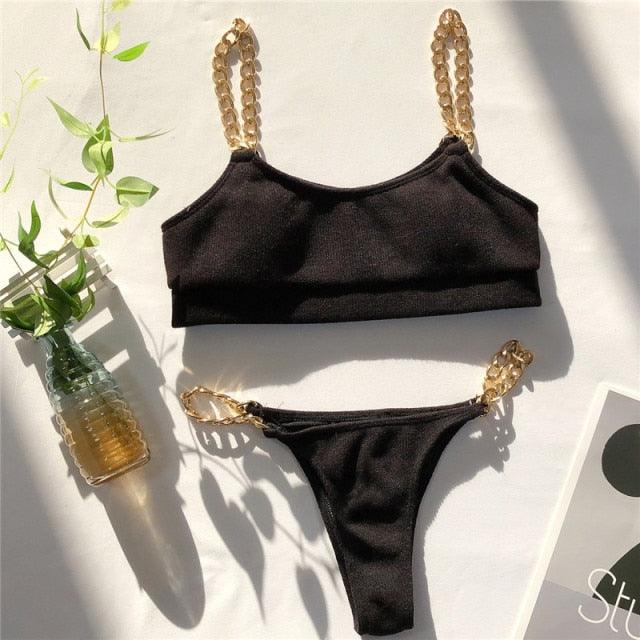 Solid Bikini High Waist Swimwear Female Chain Swimsuit Women 2 Pieces Set Sports Bathing Suit Women's Bikini Set Two Piece Smocked Swimsuits Ruffle Off Shoulder Bathing Suit With High Waist Bottoms Stevvex