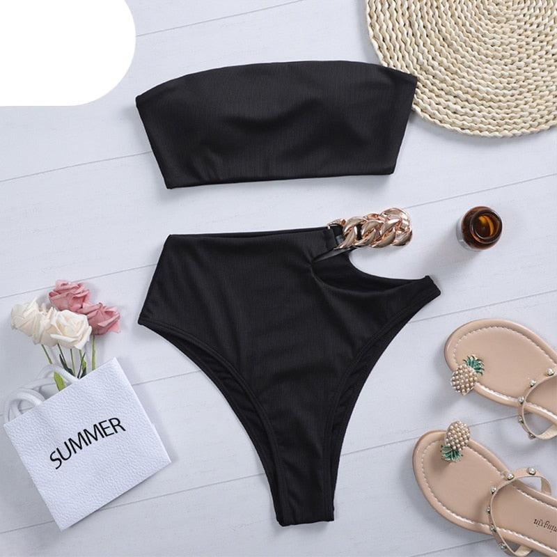 Solid Bikini High Waist Swimwear Female Chain Swimsuit Women 2 Pieces Set Sports Bathing Suit Women's Bikini Set Two Piece Smocked Swimsuits Ruffle Off Shoulder Bathing Suit With High Waist Bottoms Stevvex