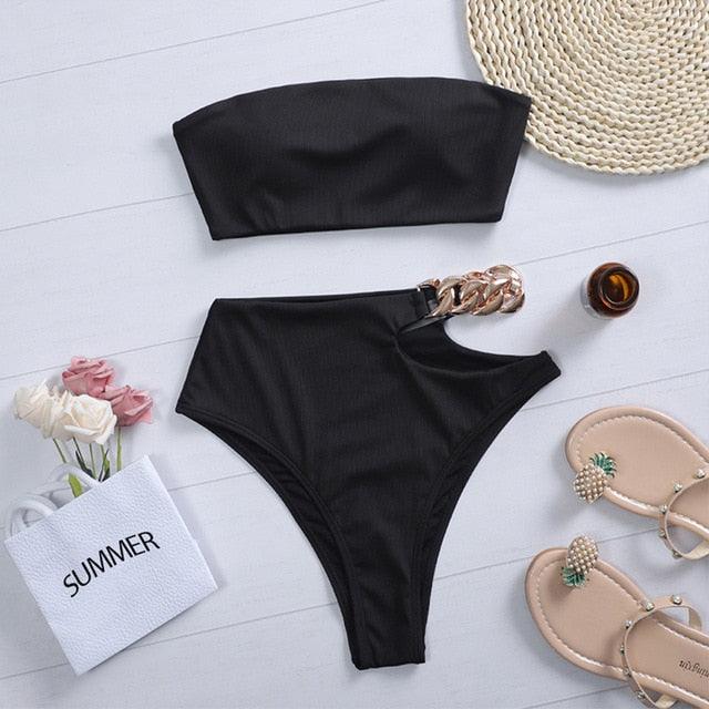 Solid Bikini High Waist Swimwear Female Chain Swimsuit Women 2 Pieces Set Sports Bathing Suit Women's Bikini Set Two Piece Smocked Swimsuits Ruffle Off Shoulder Bathing Suit With High Waist Bottoms Stevvex
