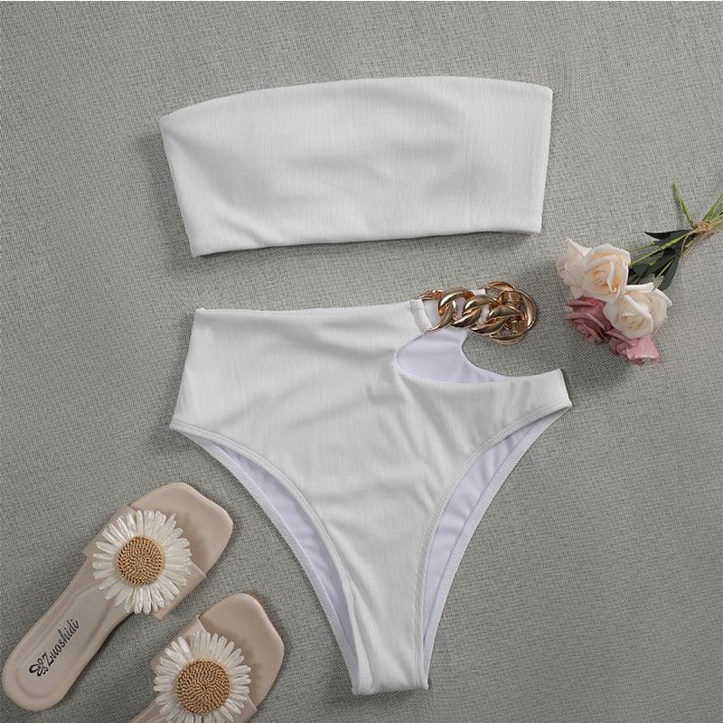 Solid Bikini High Waist Swimwear Female Chain Swimsuit Women 2 Pieces Set Sports Bathing Suit Women's Bikini Set Two Piece Smocked Swimsuits Ruffle Off Shoulder Bathing Suit With High Waist Bottoms Stevvex