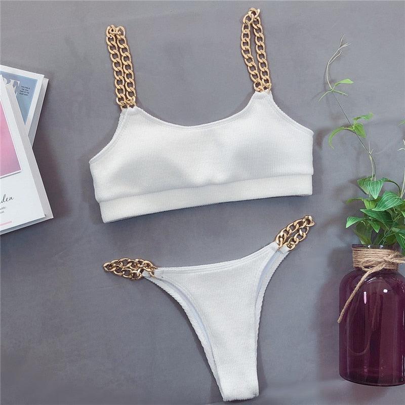 Solid Bikini High Waist Swimwear Female Chain Swimsuit Women 2 Pieces Set Sports Bathing Suit Women's Bikini Set Two Piece Smocked Swimsuits Ruffle Off Shoulder Bathing Suit With High Waist Bottoms Stevvex