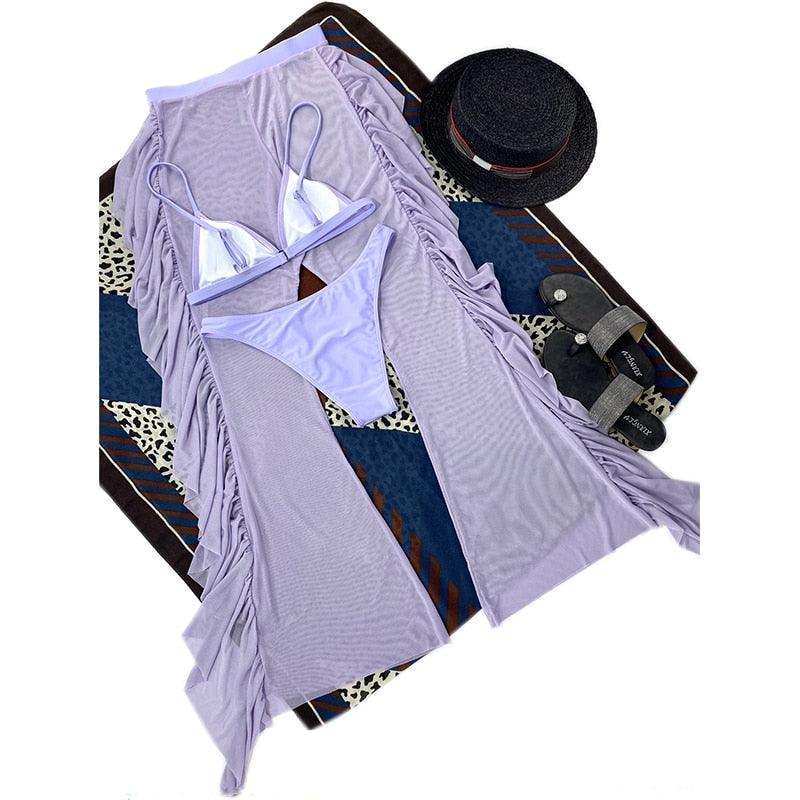 Solid bikini Mesh 3 Pieces Set Swimsuit 3 Pieces Swimsuit Solid Padded Swimwear with Maxi Wrap Skirt Beach Vacation Swim Bath Wear Women Elegant Swimwear Female Ruffle Swimming Suit Sports Bathing Suit Stevvex