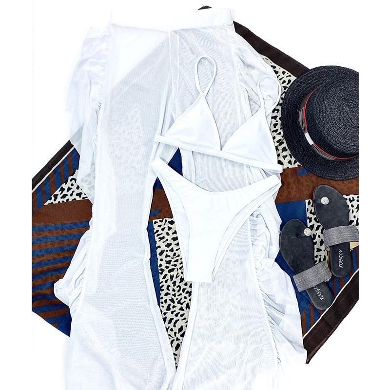Solid bikini Mesh 3 Pieces Set Swimsuit 3 Pieces Swimsuit Solid Padded Swimwear with Maxi Wrap Skirt Beach Vacation Swim Bath Wear Women Elegant Swimwear Female Ruffle Swimming Suit Sports Bathing Suit Stevvex