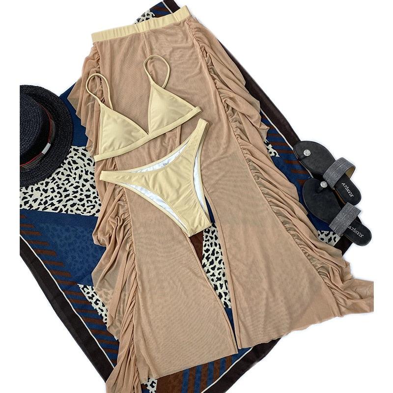 Solid bikini Mesh 3 Pieces Set Swimsuit 3 Pieces Swimsuit Solid Padded Swimwear with Maxi Wrap Skirt Beach Vacation Swim Bath Wear Women Elegant Swimwear Female Ruffle Swimming Suit Sports Bathing Suit Stevvex