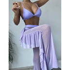 Solid bikini Mesh 3 Pieces Set Swimsuit 3 Pieces Swimsuit Solid Padded Swimwear with Maxi Wrap Skirt Beach Vacation Swim Bath Wear Women Elegant Swimwear Female Ruffle Swimming Suit Sports Bathing Suit Stevvex