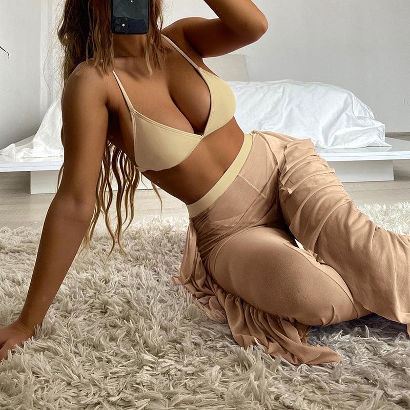 Solid bikini Mesh 3 Pieces Set Swimsuit 3 Pieces Swimsuit Solid Padded Swimwear with Maxi Wrap Skirt Beach Vacation Swim Bath Wear Women Elegant Swimwear Female Ruffle Swimming Suit Sports Bathing Suit Stevvex