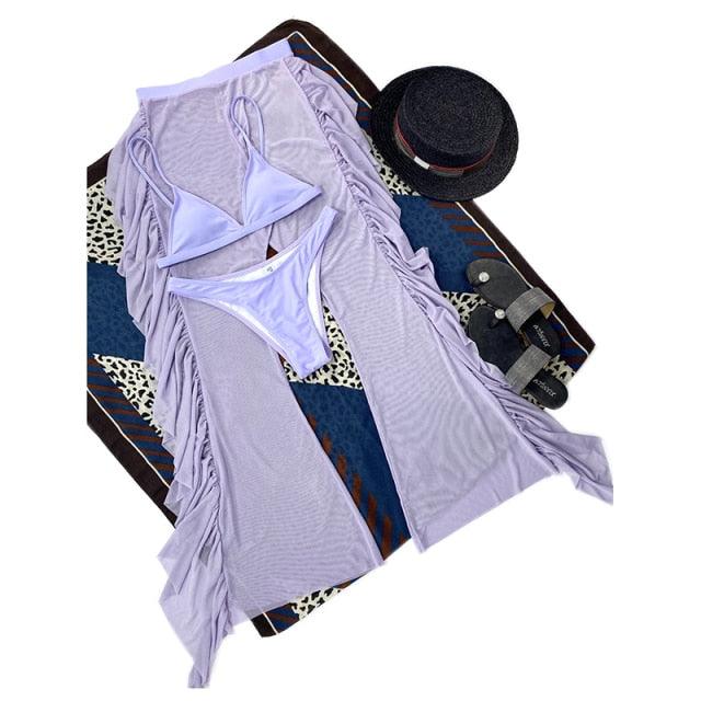 Solid bikini Mesh 3 Pieces Set Swimsuit 3 Pieces Swimsuit Solid Padded Swimwear with Maxi Wrap Skirt Beach Vacation Swim Bath Wear Women Elegant Swimwear Female Ruffle Swimming Suit Sports Bathing Suit Stevvex
