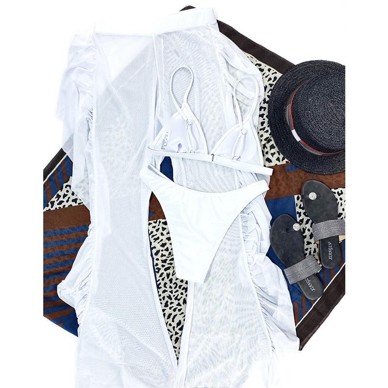 Solid bikini Mesh 3 Pieces Set Swimsuit 3 Pieces Swimsuit Solid Padded Swimwear with Maxi Wrap Skirt Beach Vacation Swim Bath Wear Women Elegant Swimwear Female Ruffle Swimming Suit Sports Bathing Suit Stevvex