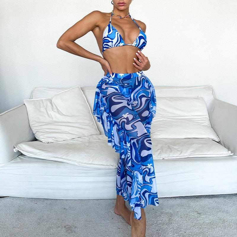 Solid bikini Mesh 3 Pieces Set Swimsuit 3 Pieces Swimsuit Solid Padded Swimwear with Maxi Wrap Skirt Beach Vacation Swim Bath Wear Women Elegant Swimwear Female Ruffle Swimming Suit Sports Bathing Suit Stevvex