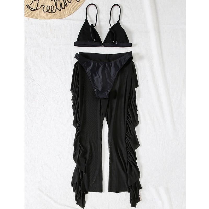 Solid bikini Mesh 3 Pieces Set Swimsuit 3 Pieces Swimsuit Solid Padded Swimwear with Maxi Wrap Skirt Beach Vacation Swim Bath Wear Women Elegant Swimwear Female Ruffle Swimming Suit Sports Bathing Suit Stevvex