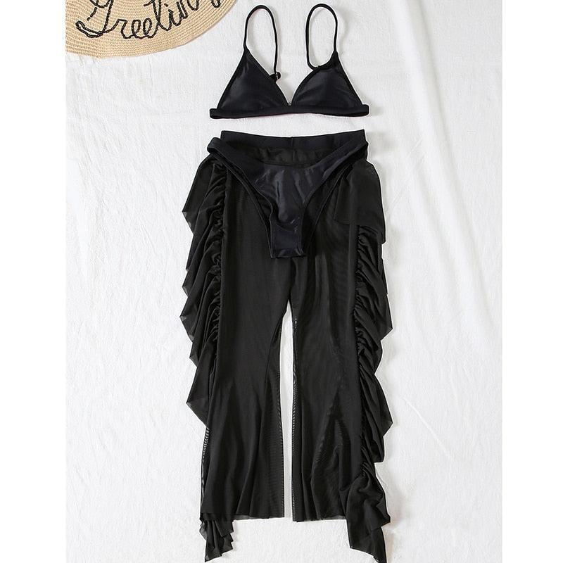 Solid bikini Mesh 3 Pieces Set Swimsuit 3 Pieces Swimsuit Solid Padded Swimwear with Maxi Wrap Skirt Beach Vacation Swim Bath Wear Women Elegant Swimwear Female Ruffle Swimming Suit Sports Bathing Suit Stevvex