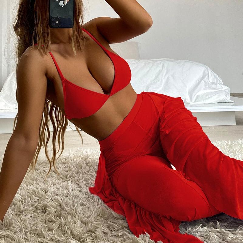 Solid bikini Mesh 3 Pieces Set Swimsuit 3 Pieces Swimsuit Solid Padded Swimwear with Maxi Wrap Skirt Beach Vacation Swim Bath Wear Women Elegant Swimwear Female Ruffle Swimming Suit Sports Bathing Suit Stevvex