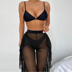 Solid bikini Mesh 3 Pieces Set Swimsuit 3 Pieces Swimsuit Solid Padded Swimwear with Maxi Wrap Skirt Beach Vacation Swim Bath Wear Women Elegant Swimwear Female Ruffle Swimming Suit Sports Bathing Suit Stevvex