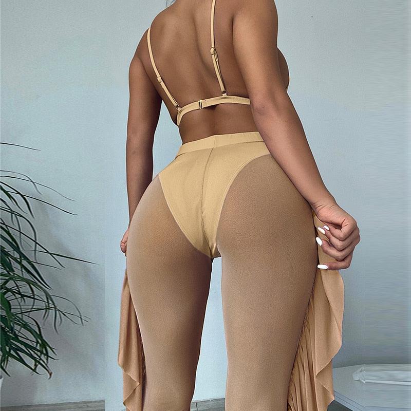 Solid bikini Mesh 3 Pieces Set Swimsuit 3 Pieces Swimsuit Solid Padded Swimwear with Maxi Wrap Skirt Beach Vacation Swim Bath Wear Women Elegant Swimwear Female Ruffle Swimming Suit Sports Bathing Suit Stevvex
