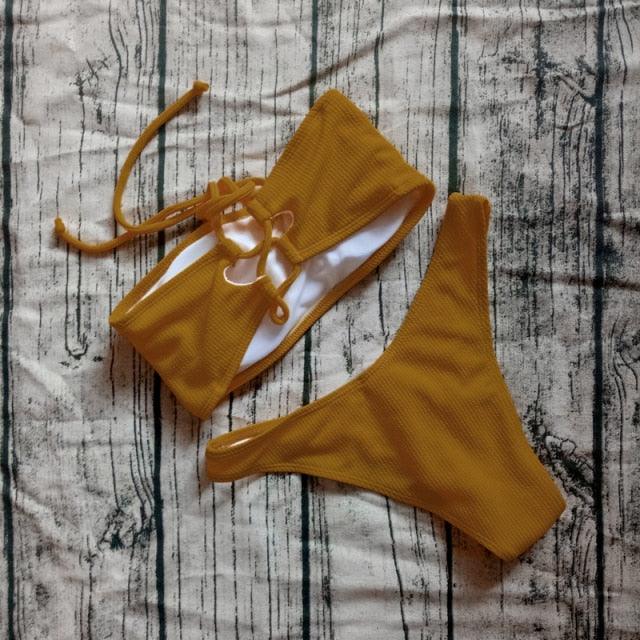 Solid Bikini Swimsuit Women Bikini Set  Off Shoulder Swimwear Two Piece Strap Bikini Sets for Women High Waist Teens Bathing Suits Off Shoulder Swimsuit Beachwear Stevvex