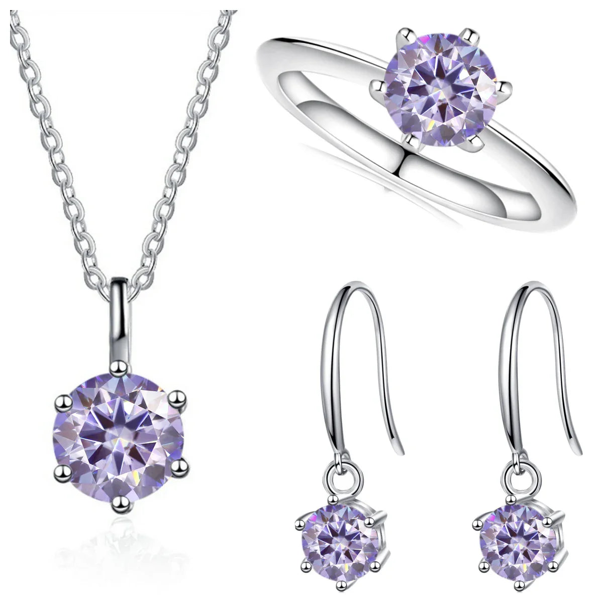 2.5ct Solitaire Moissanite 925 Sterling Silver Necklace Earrings Ring Set BandsCo Straps