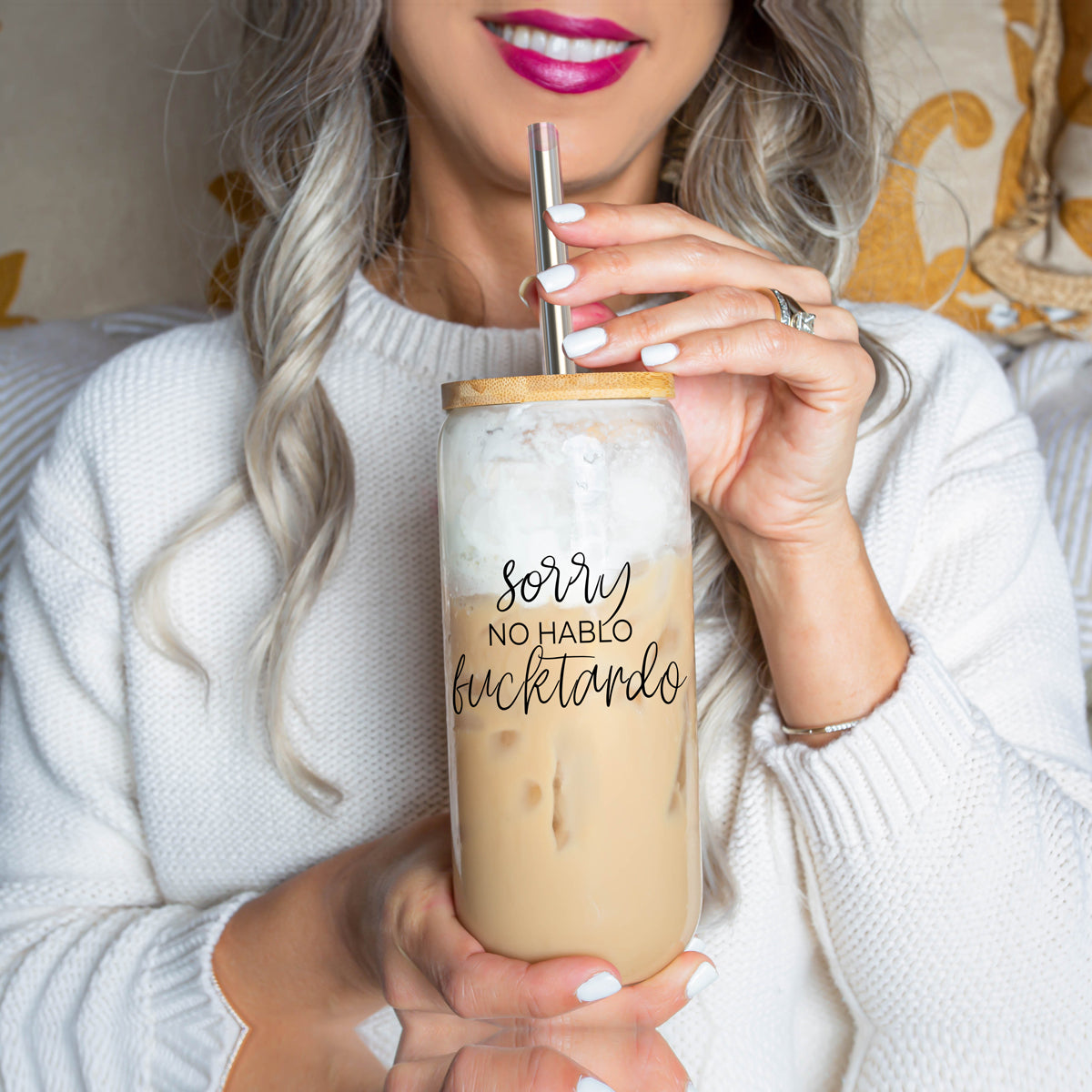 No Hablo 17oz Glass Tumbler With Bamboo Lid, 2 Stainless Straws And Cleaner BandsCo Straps