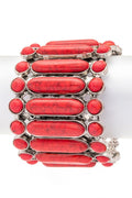 Southwest Red Stone Cuff Bracelet Silver Tone Western