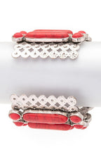 Southwest Red Stone Cuff Bracelet Silver Tone Western