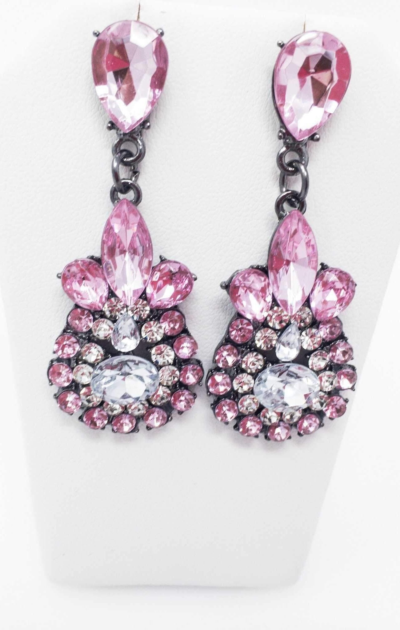 Sparkling Pink Teardrop Dangle Earrings With Crystals