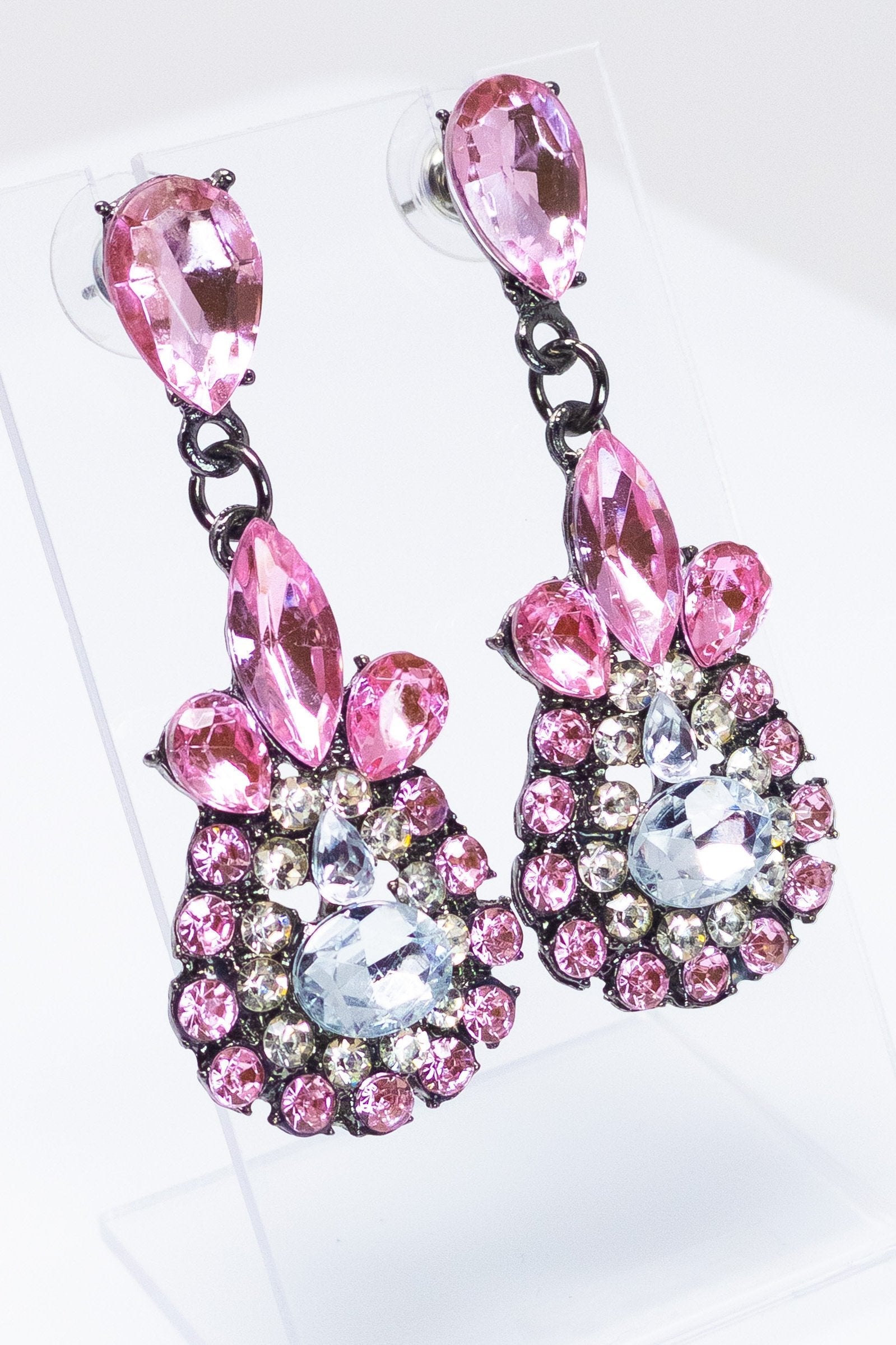 Sparkling Pink Teardrop Dangle Earrings With Crystals