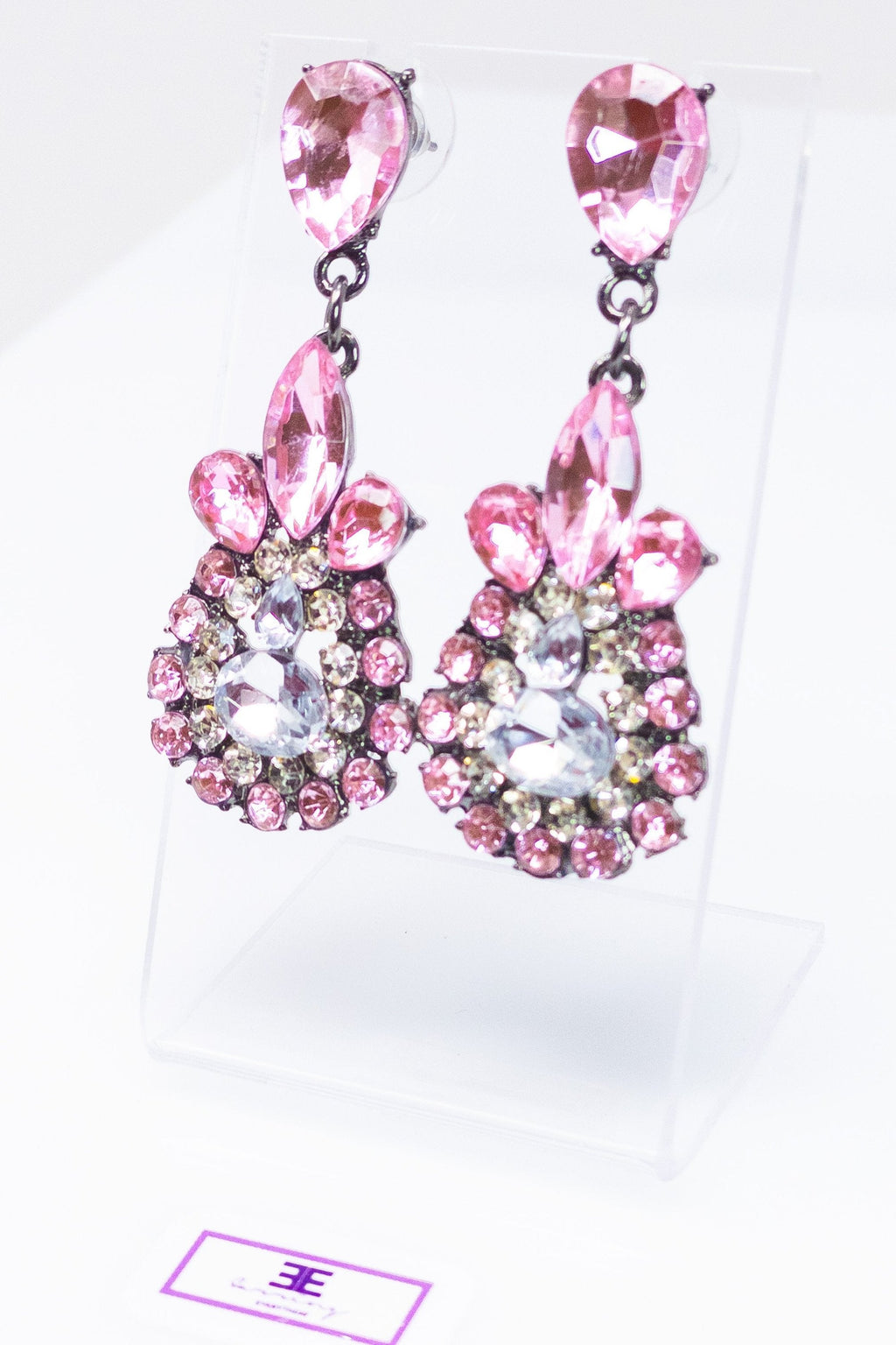 Sparkling Pink Teardrop Dangle Earrings With Crystals