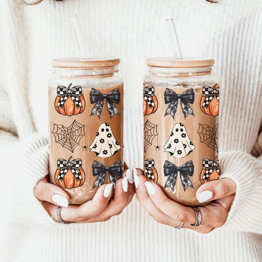 Halloween 20oz Glass Tumbler Bamboo Lid Stainless Straws Straw Cleaner BandsCo Straps