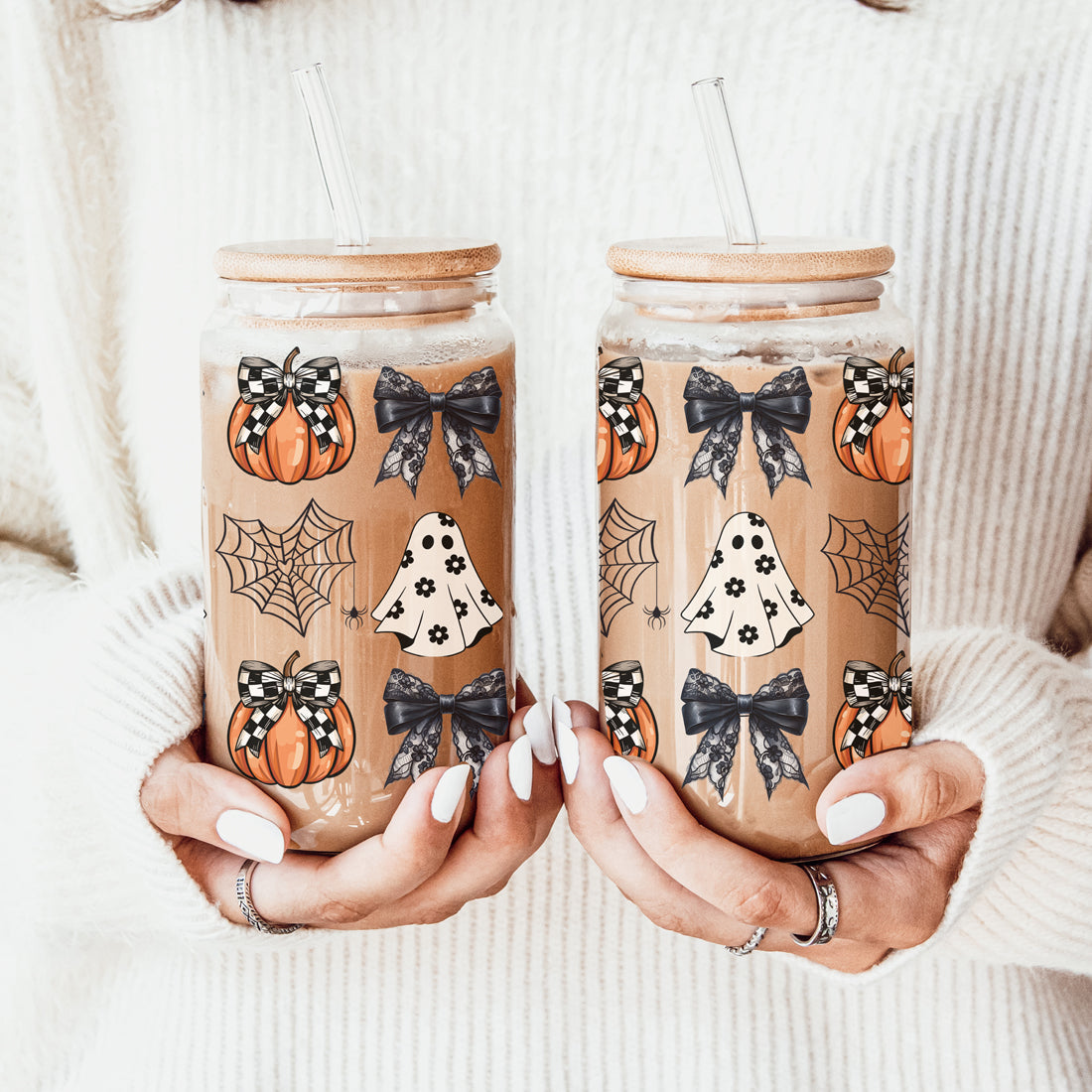 Halloween 20oz Glass Tumbler Bamboo Lid Stainless Straws Straw Cleaner BandsCo Straps