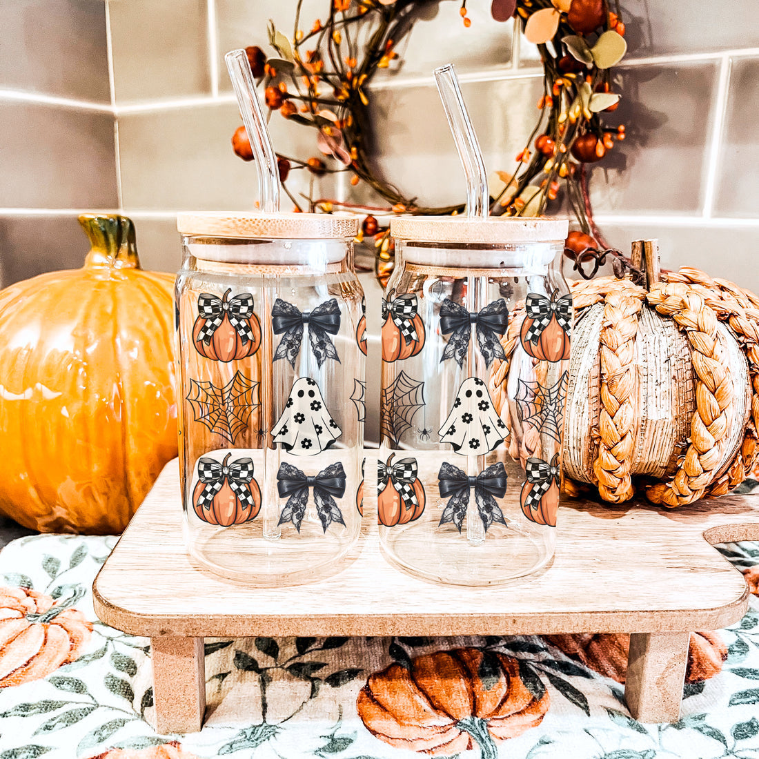 Halloween 20oz Glass Tumbler Bamboo Lid Stainless Straws Straw Cleaner BandsCo Straps