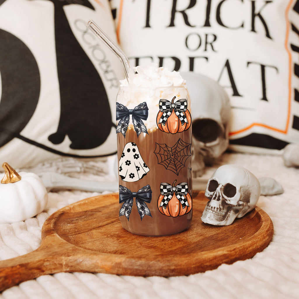 Halloween 20oz Glass Tumbler Bamboo Lid Stainless Straws Straw Cleaner BandsCo Straps