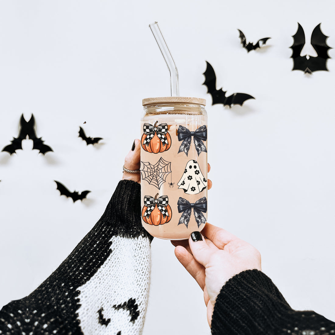Halloween 20oz Glass Tumbler Bamboo Lid Stainless Straws Straw Cleaner BandsCo Straps